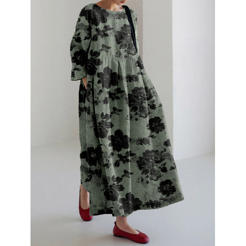 Vintage Abstract Floral Art Linen Blend Maxi Dress