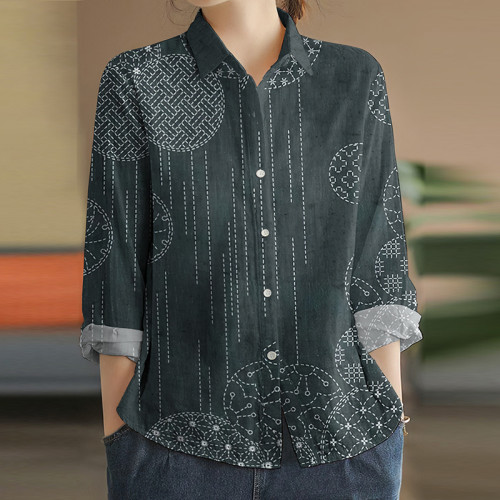 Vintage Art Geometric Print Casual Long Sleeve Shirt