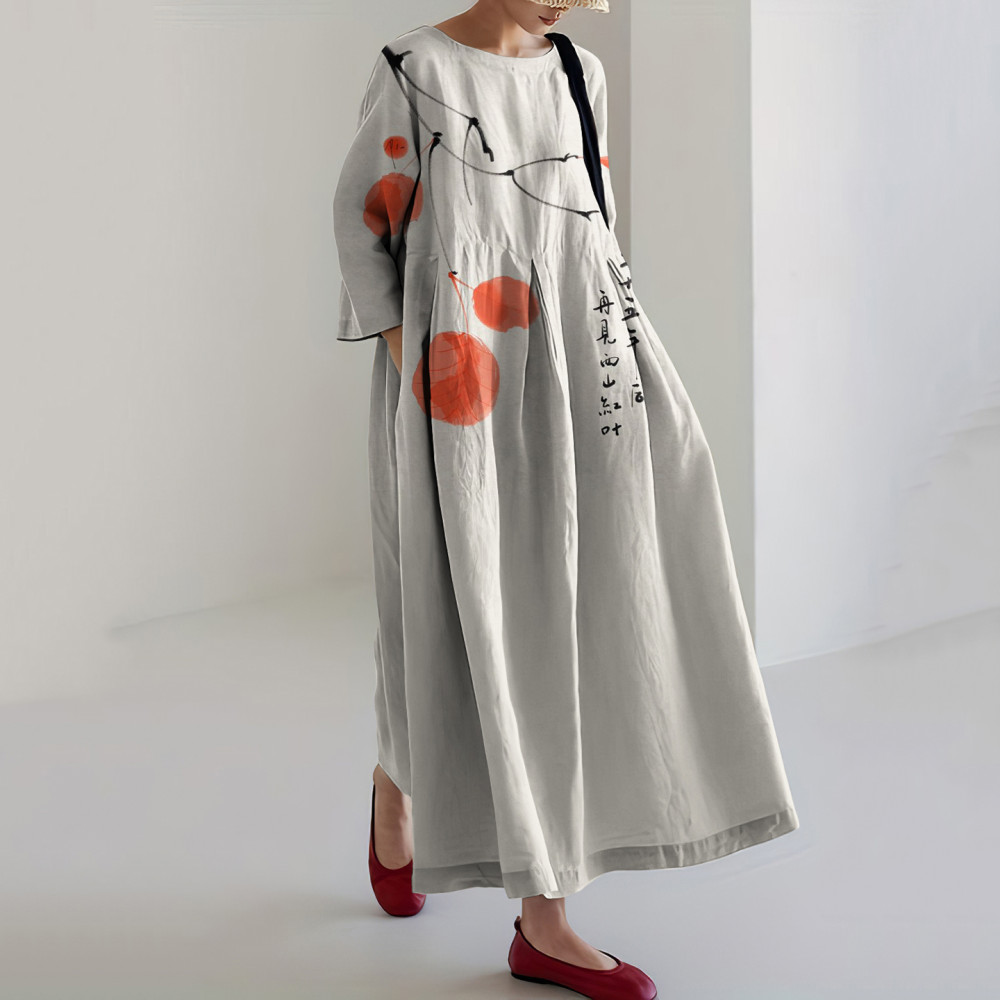 Vintage Art Printed Crew Neck Casual Midi Dress
