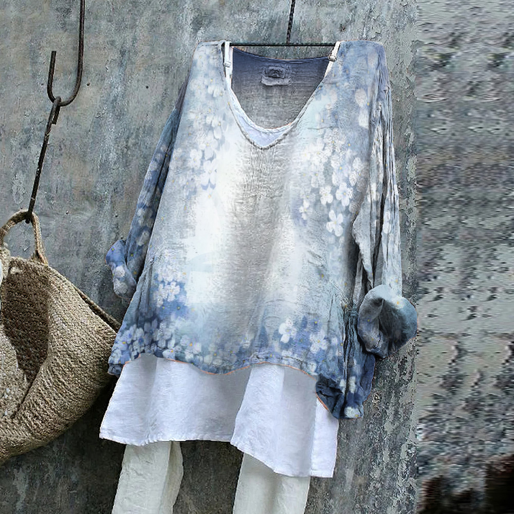 Vintage Artistic Floral Gradient Cotton Linen V Neck Casual Shirt