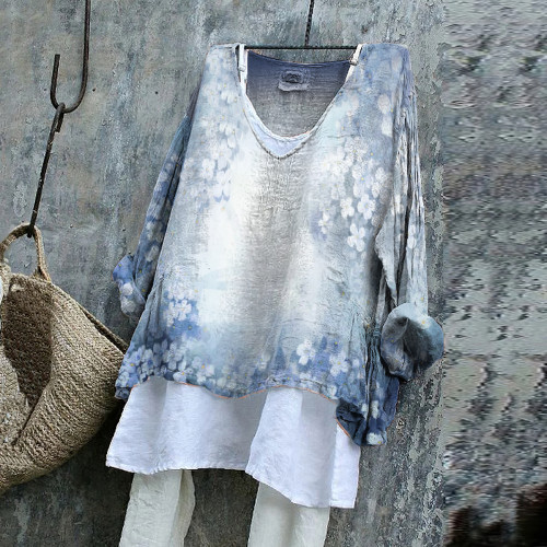 Vintage Artistic Floral Gradient Cotton Linen V Neck Casual Shirt