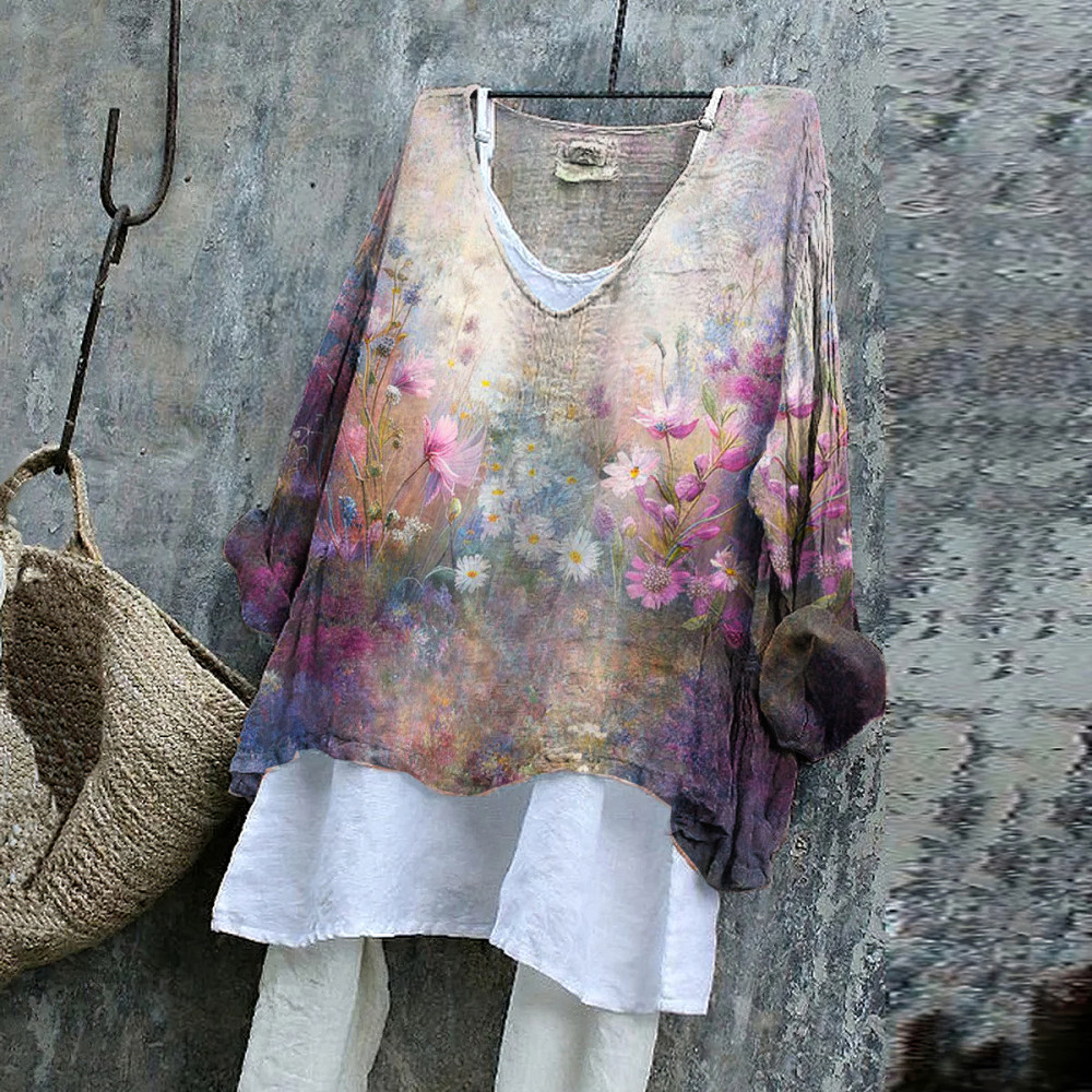 Vintage Artistic Flowers Cotton Linen V Neck Casual Shirt