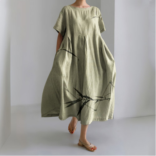 Vintage Bamboo Art Linen Blend Cozy Maxi Dress