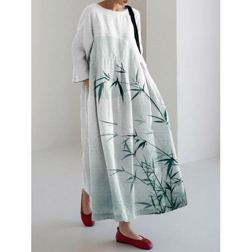 Vintage Bamboo Art Linen Blend Maxi Dress