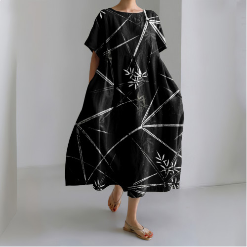 Vintage Bamboo Art Linen Blend Maxi Dress