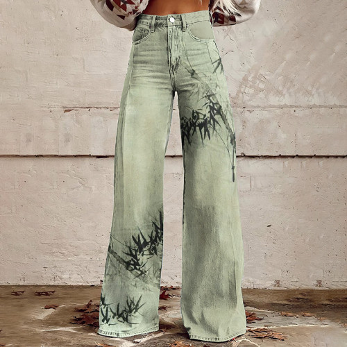 Vintage Bamboo Ink Painting Art Casual Wide Leg Jeans