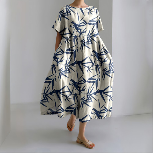 Vintage Bamboo Japanese Art Print Linen Maxi Dress