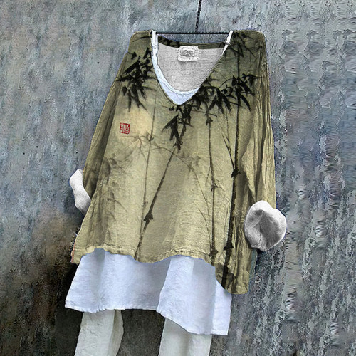 Vintage Bamboo Leaf V Neck Linen Blend Shirt