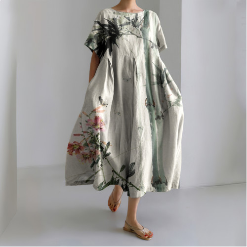 Vintage Bamboo & Flowers Japanese Art Printed Casual Loose Dress