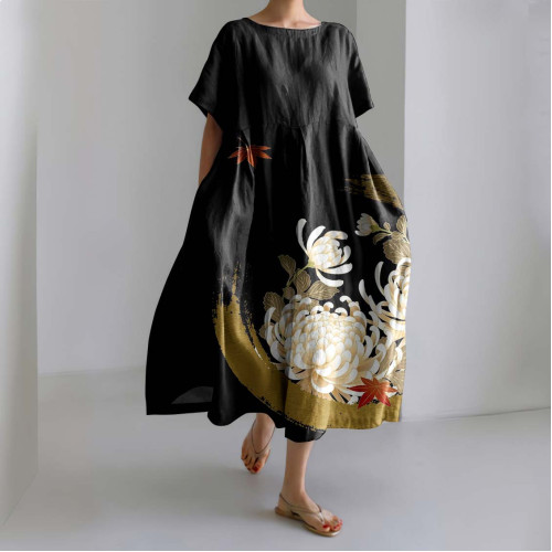 Vintage Bauhinia Floral And Maple Leaves Printed Linen Blend Midi Dress