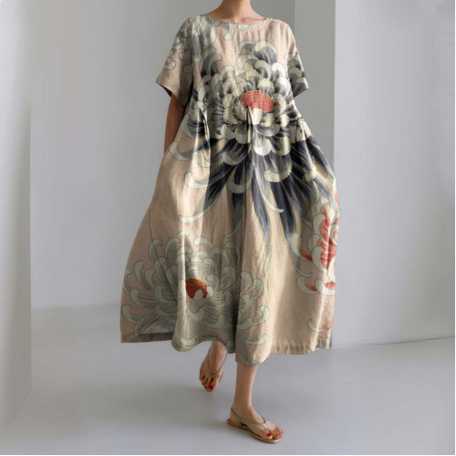 Vintage Bauhinia Flower Printed Linen Blend Midi Dress