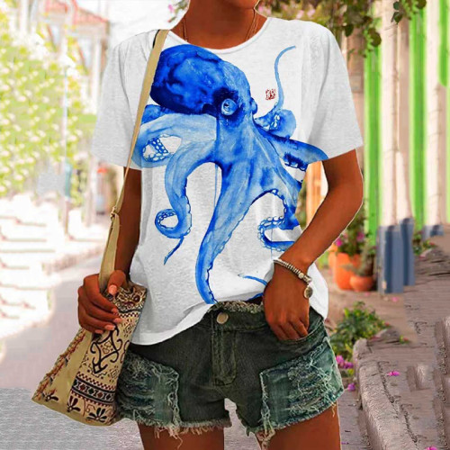 Vintage Beach Holiday Deep-Sea Octopus Print Casual Cotton T-Shirt