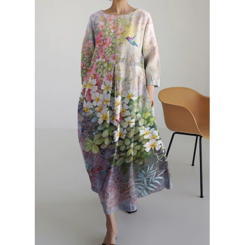 Vintage Bird And Floral Round Neck Long Sleeve Midi Dress