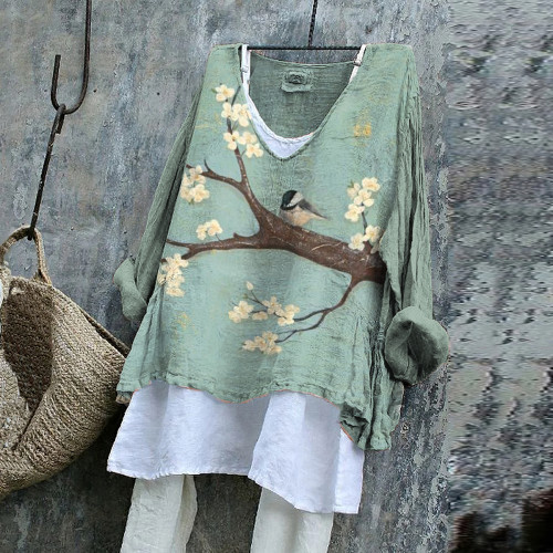 Vintage Bird Floral Art Blossom Cotton Linen V Neck Casual Shirt