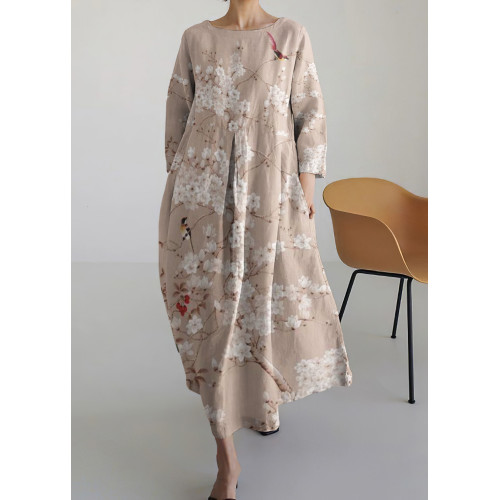 Vintage Bird In Floral Tree Round Neck Long Sleeve Midi Dress