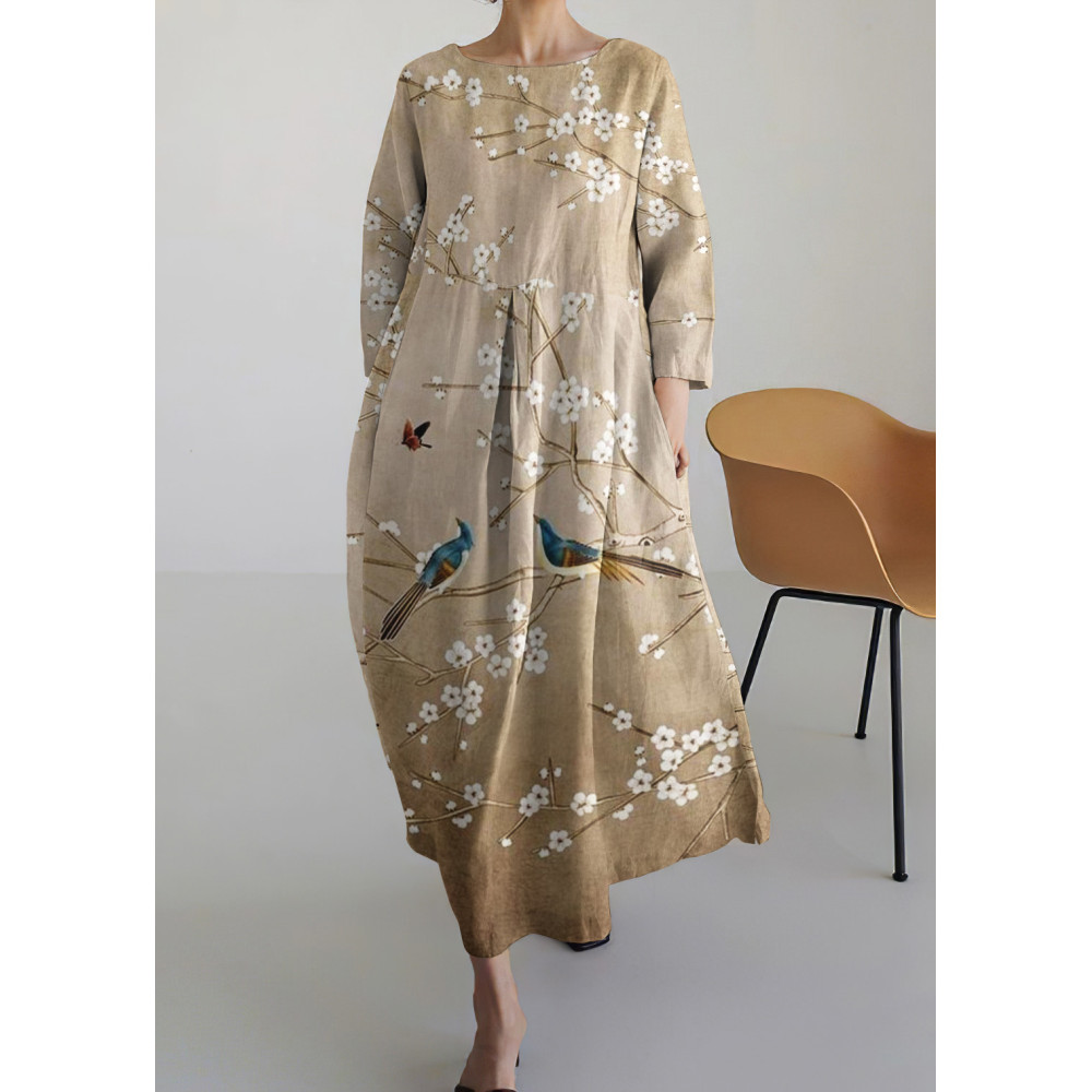 Vintage Bird In Tree Floral Round Neck Long Sleeve Midi Dress