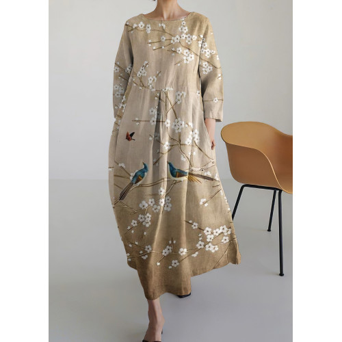 Vintage Bird In Tree Floral Round Neck Long Sleeve Midi Dress