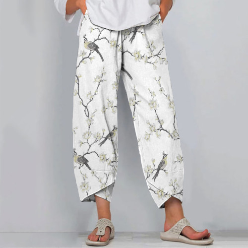 Vintage Bird In Tree Print Loose Casual Pants
