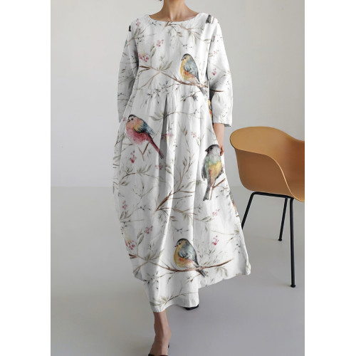 Vintage Bird In Tree Round Neck Long Sleeve Midi Dress