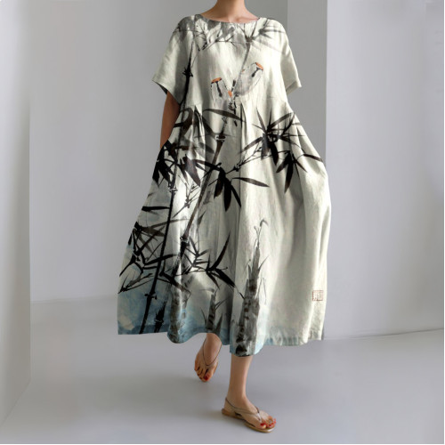 Vintage Birds Bamboo Art Linen Blend Cozy Maxi Dress