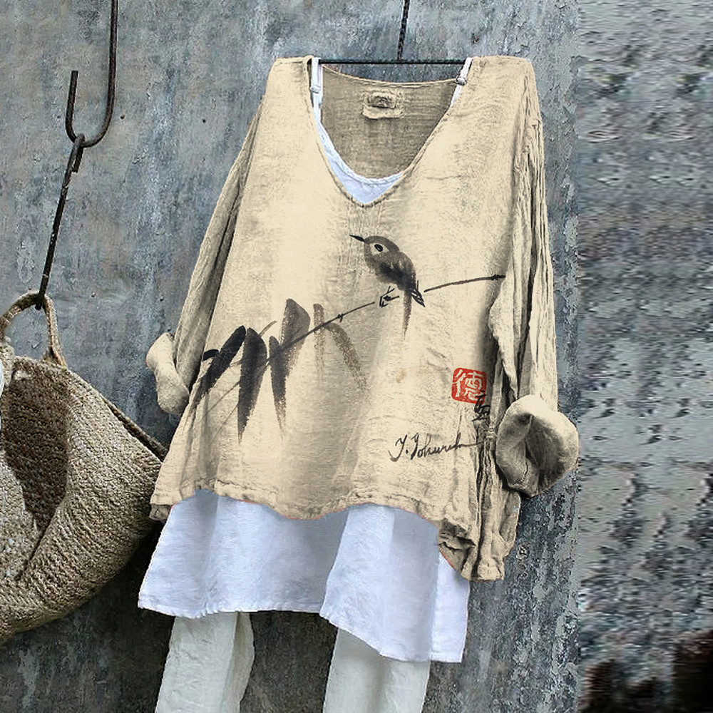 Vintage Birds Bamboo Ink Style Art Cotton Linen V Neck Casual Shirt