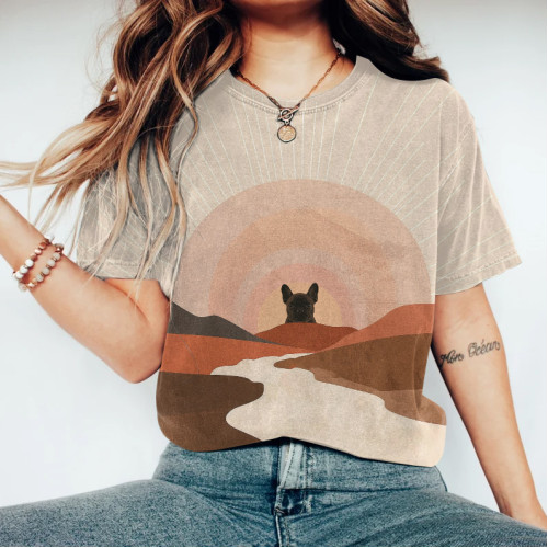 Vintage Black Dog Watching You Print Round Neck Casual T-Shirt