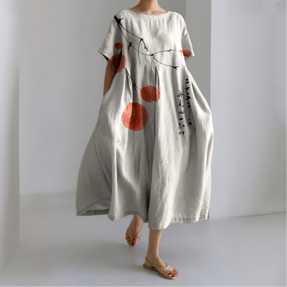 Vintage Blossom Art Printed Crew Neck Casual Midi Dress