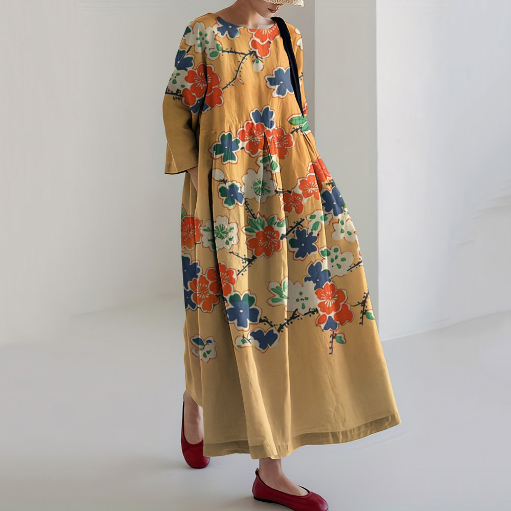 Vintage Blossom Art Printed Round Neck Casual Midi Dress