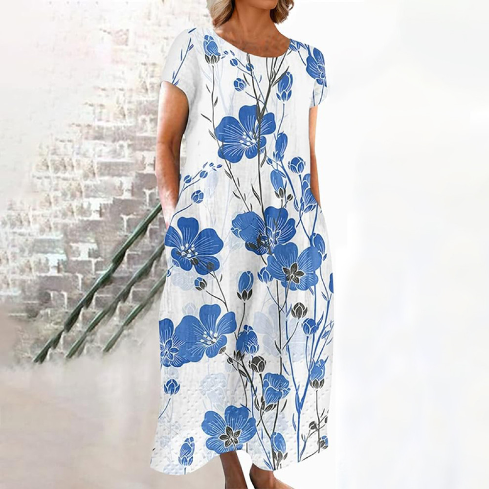 Vintage Blue Blossom Japanese Linen Flowy Midi Dress