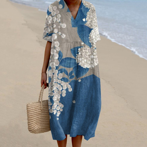 Vintage Blue Blossom Printed V Neck Casual Midi Dress