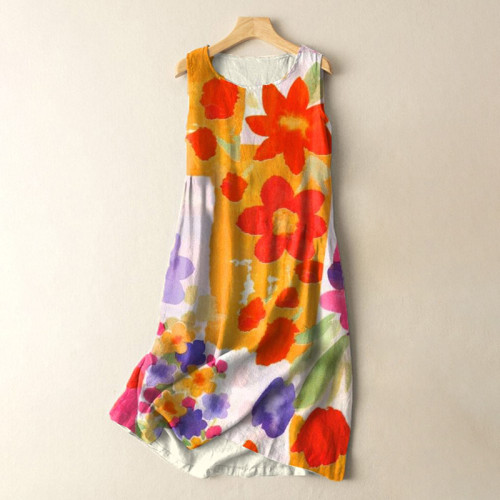 Vintage Boho Flowers Abstract Ink Painting Print Sleeveless Cotton And Linen Midi Dress
