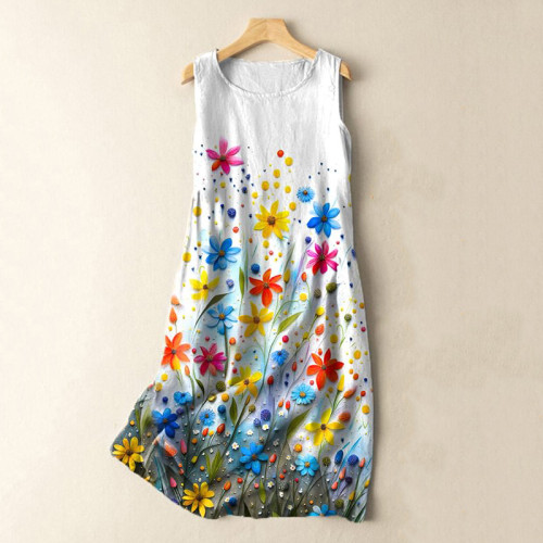 Vintage Boho Three-Dimensional Flower Oil Painting Print Midi Dress