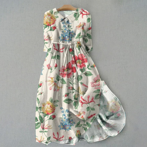 Vintage Botanical Floral Art Print Lace-Up Dress