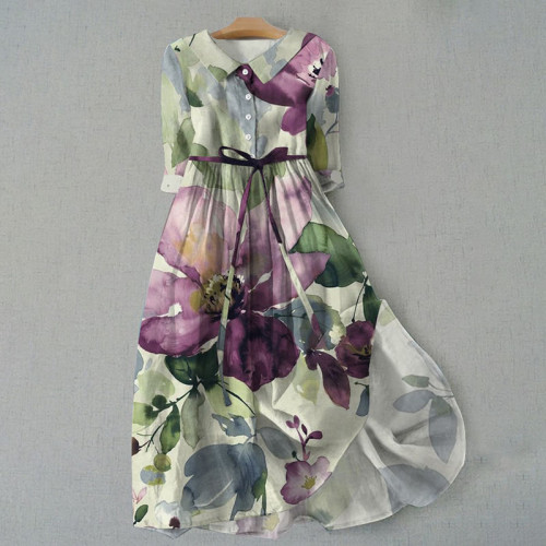 Vintage Botanical Floral Art Print Lace-Up Dress