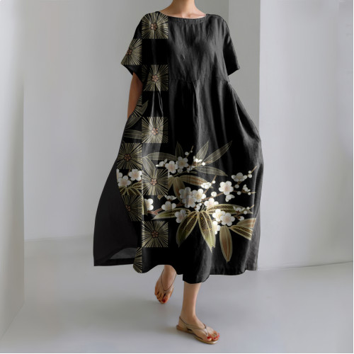 Vintage Botanical Floral Japanese Art Printed Casual Loose Dress