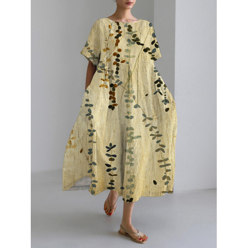 Vintage Botanical Japanese Art Linen Blend Maxi Dress