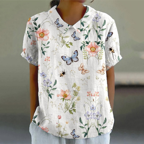 Vintage Butterfly Print Lapel Short Sleeved Blouse