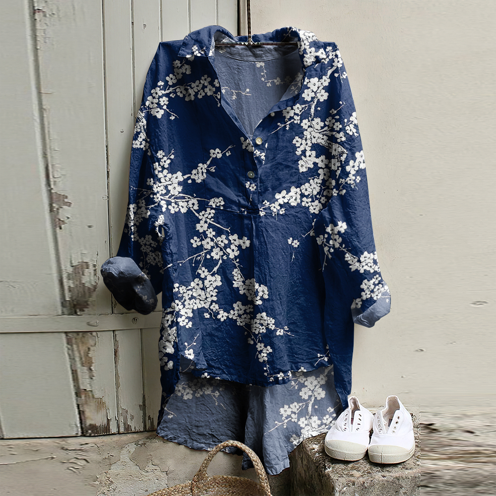 Vintage Cherry Blossom Art Cotton And Linen Button V-Neck Casual Shirt