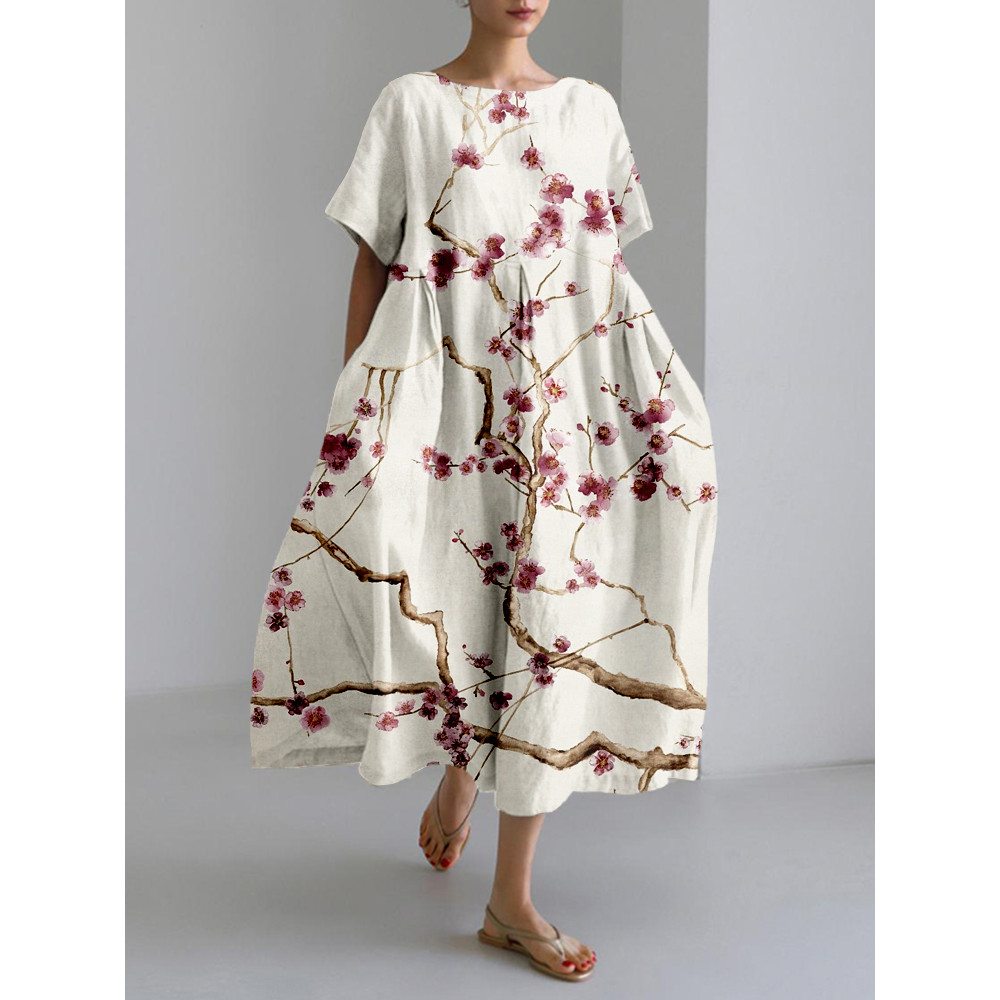 Vintage Cherry Blossom Art Linen Blend Maxi Dress
