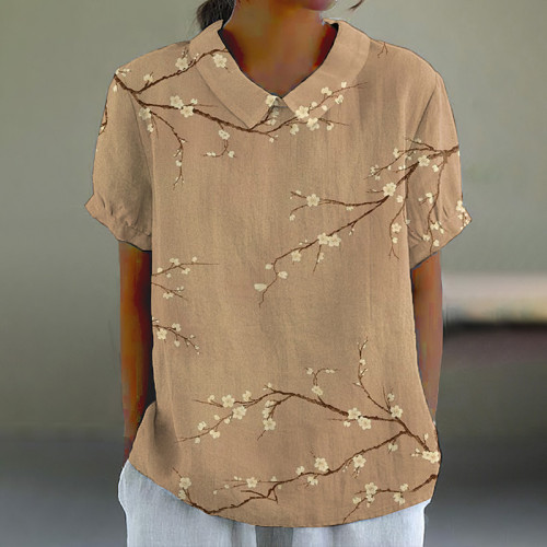 Vintage Cherry Blossom Art Print Casual Cotton Linen Shirt