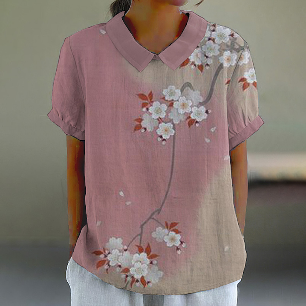 Vintage Cherry Blossom Art Print Casual Cotton Linen Shirt