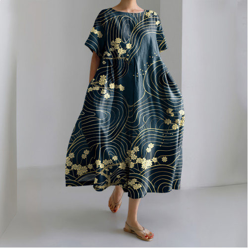 Vintage Cherry Blossom Art Print Short Sleeve Casual Midi Dress