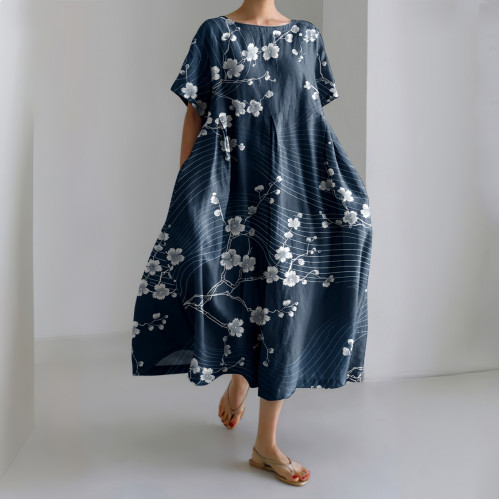 Vintage Cherry Blossom Art Print Short Sleeve Casual Midi Dress