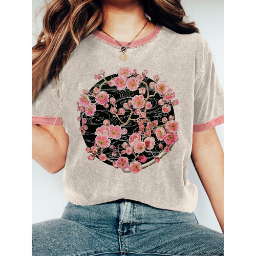 Vintage Cherry Blossom Art Washed T Shirt