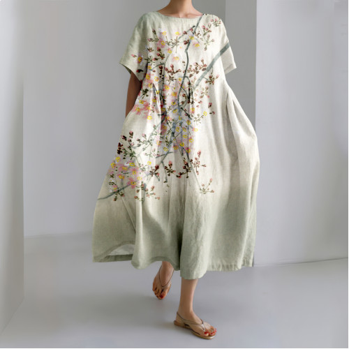 Vintage Cherry Blossom In The Full Moon Art Linen Blend Maxi Dress