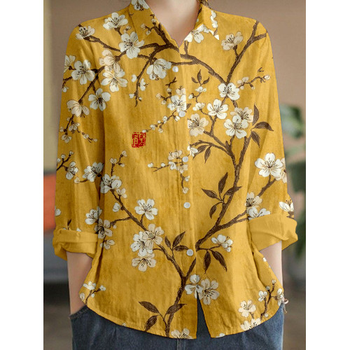 Vintage Cherry Blossom Linen Blend Cozy Blouse