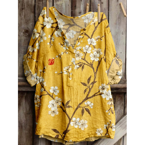 Vintage Cherry Blossom Linen Blend Cozy Tunic