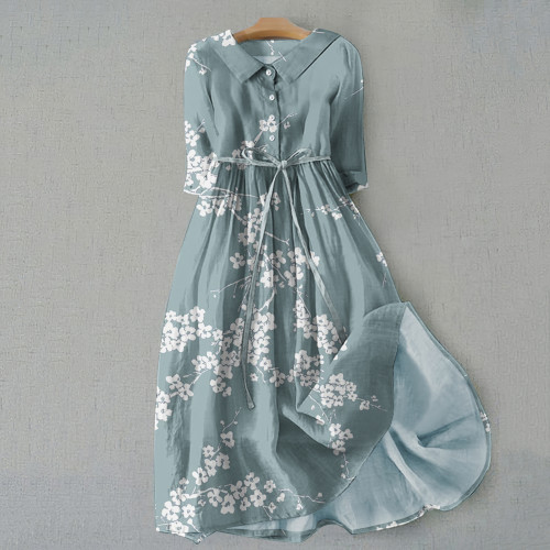 Vintage Cherry Blossom Print Lapel Lace-Up Loose Midi Dress