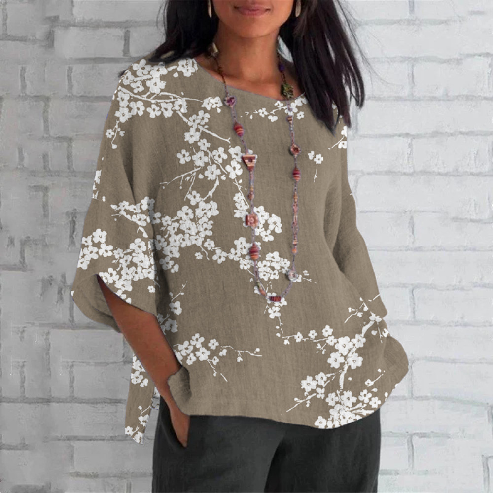 Vintage Cherry Blossom Round Neck Casual Blouse