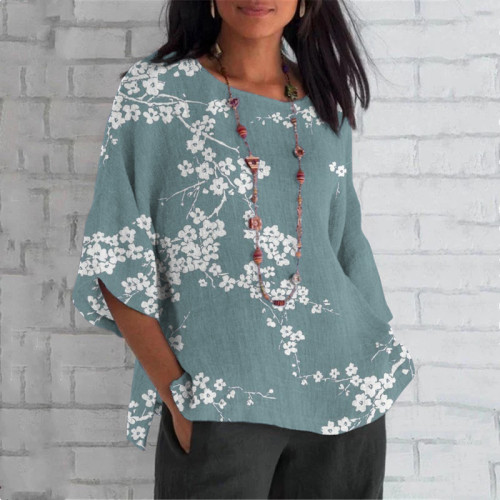 Vintage Cherry Blossom Round Neck Casual Blouse